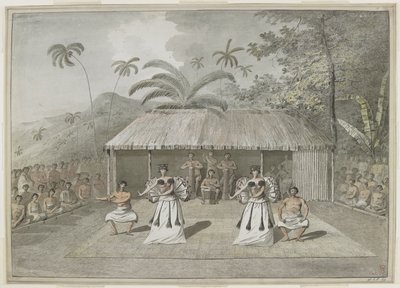 [Hele tegningen] En dans eller heiva på Otaheite [Tahiti]. To menn og to kvinner danser, med trommeslagere bak, og tilskuere på hver side. september 1777 av John Webber