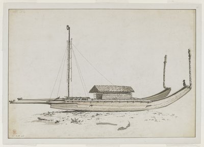 [Hele tegningen] En dobbel kano av Otaheite [Tahiti], med forseggjort utskjæring av John Webber