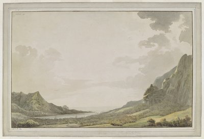 [Hele tegningen]. En utsikt fra Aimeo havn [Papetoai Bay,] med utsikt mot havet; mastene til 'Resolution' og 'Discovery' er synlige i bukta. Kaptein Cook besøkte Moorea i oktober 1777 av John Webber