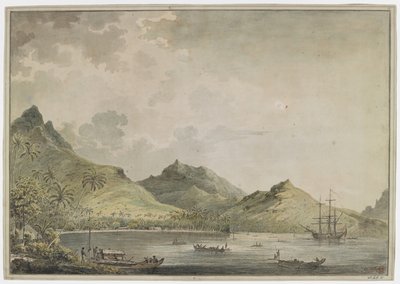 [Hele tegningen]. En utsikt over havnen i Huahine [Fare Harbour]. med fjelltopp, inkludert Turi-fjellet, i bakgrunnen. I bukten er 'Resolution' og mange innfødte fartøyer, og på kysten passer en gruppe innfødte en dobbel kano med et dekkshus av John Webber
