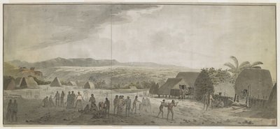 [Hele tegningen] Tegning av kaptein Cooks besøk i landsbyen Waimea, Atooi [Kauai], januar 1778. Noen menn ruller tønner, andre bytter med hawaiianere. På høyre side, to innfødte som bærer en gris spent til en stang. Bak dem, innfødte hytter, og s av John Webber