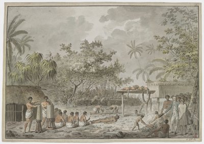 [Hele tegningen] Menneskeofring ved den store morai ved Attahouroo [Utuaimahurau], Tahiti, bevitnet av kaptein Cook 1. september 1777. En bundet figur i forgrunnen, med menn som graver et hull for kroppen bak, og det som inneholder to hunder og thr av John Webber