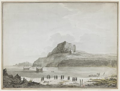 [Hele tegningen] Utsikt over Christmas Harbour, Kerguelen Island, med oppdagelsen og oppløsningen for anker. To skipsbåter er ute, en lander sjøfolk på land. I forgrunnen, tjue pingviner i grupper, og en sjøløve. 25-30 desember 1776 av John Webber