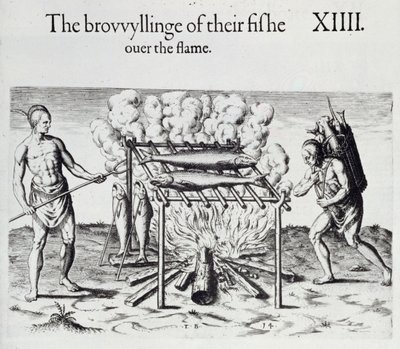 Cooking Fish, tallerken fra "A Brief and True Report of the New Found Land of Virginia" av Thomas Harriot (1560-1621) pub. 1590 av John White