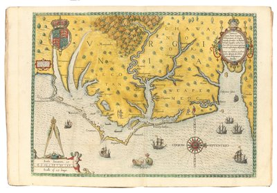 Kart over Virginia som viser ankomsten til Sir Walter Raleighs ekspedisjon i 1585, 1590 av John White