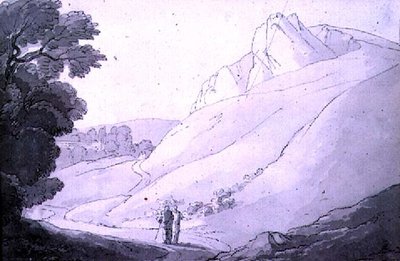 Et kupert landskap med to figurer (penn, blekk og akvarell) av John White Abbott