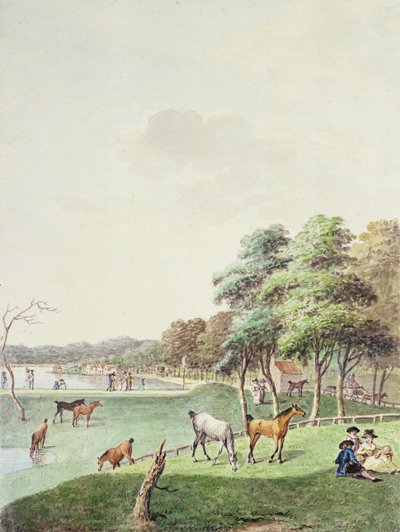The East End of the Serpentine, og en fjern utsikt over badehuset, 1794 av John White Abbott