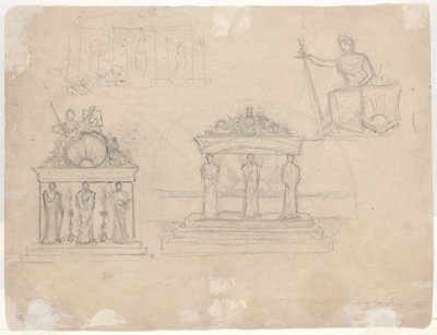 Studier av klassiske tempelfasader og sittende kvinnelige figurer [verso] av John William Casilear