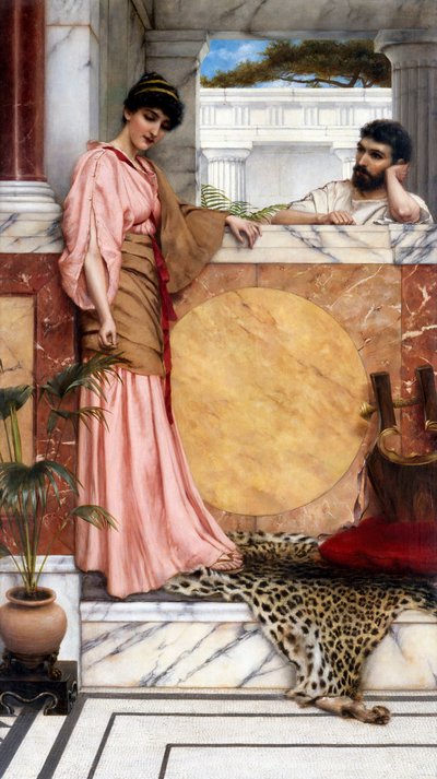 «Venter på svar» Et par i oldtiden, i en adelig villa (romersk), ser ut til at mannen venter på kvinnens svar. Maleri av John William Godward (1861–1922) 1889 Privat samling av John William Godward