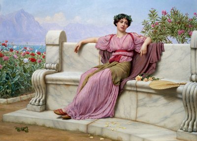 «Ro» En ung kvinne kledd i antikk stil, sittende i en hage på en marmorbenk, med drømmende blikk. Maleri av John William Godward (1861–1922) av John William Godward