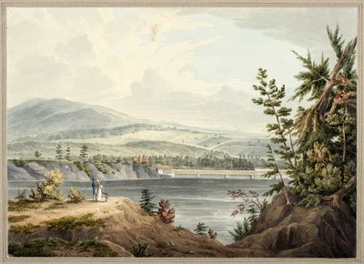 Hudson River Bridge nær Waterford, New York, 1832 (akvarell, gouache, selektiv glass, grafitt og utskraping på papir lagt på kort) av John William Hill
