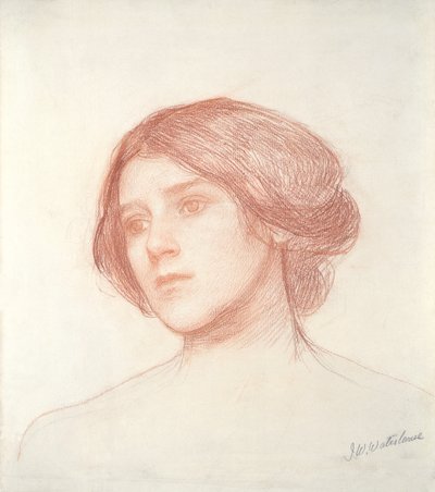Head of a Girl (rødt kritt på papir) av John William Waterhouse