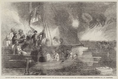 Kaptein Glasse og hans sjefsingeniør, HMS Vulture, overvåker reparasjonen av mørtrene under bombardementet av Sveaborg av John Wilson Carmichael
