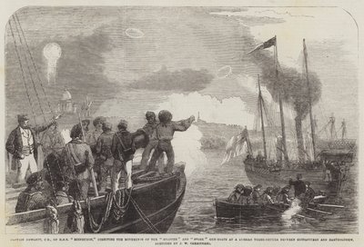 Kaptein Hewlett, CB, fra HMS Edinburgh, dirigerer Movements of the Snapper and Stork Gun-Boats på en russisk tredekker mellom Gustafsvern og Bartholomew av John Wilson Carmichael