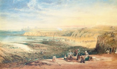 Cullercoats ser mot Tynemouth, Northumberland, med fiskere i forgrunnen, 1836 av John Wilson Carmichael