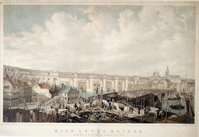 High Level Bridge, Newcastle upon Tyne, gravert av George Hawkins (1819-52) (håndfarget lito) av John Wilson Carmichael
