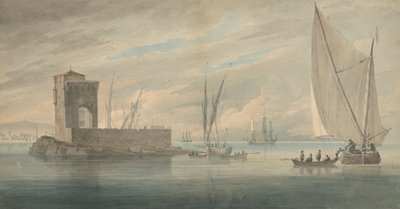 Italiensk kystscene med Island Shipping av John Wilson Carmichael
