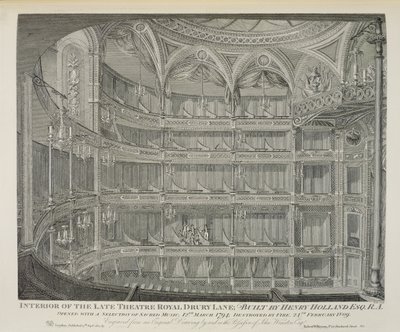 Interiør av Late Theatre Royal, Drury Lane, i London, bygget av Henry Holland, 1794, ødelagt av brann i 1809, gravert av Dale, 1820 av John Winston