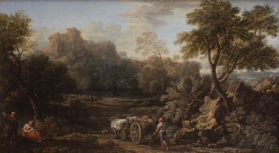 En rustikk med oksekjerre og andre reisende i et skogkledd landskap, ca. 1740 (olje på lerret) av John Wootton