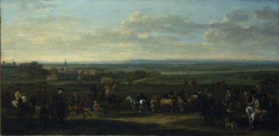 En utsikt over Old Newmarket med figurer og hester på Heath (olje på lerret) av John Wootton