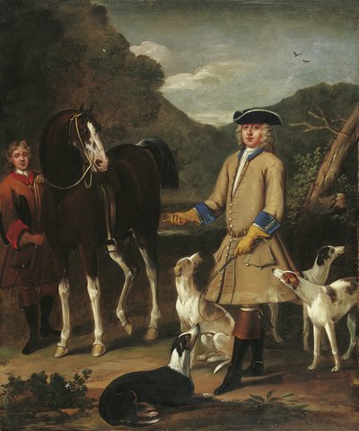 Edward, Lord Seymour, med sin hest, brudgom og hunder, i et landskap av John Wootton