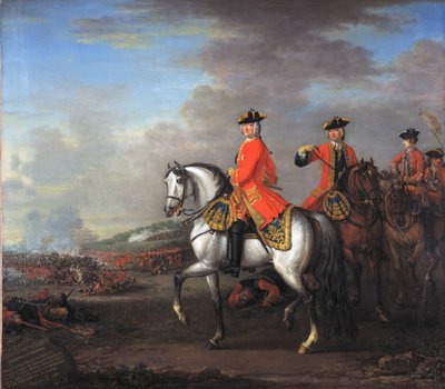 Kong George II (1683-1760) i slaget ved Dettingen, med hertugen av Cumberland og Robert, 4. jarl av Holderness, 27. juni 1743, ca. 1743 av John Wootton