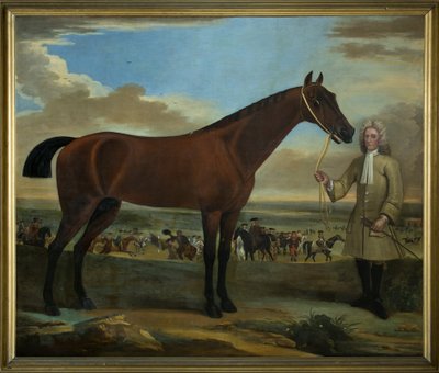 Scarr, en bukt veddeløpshest holdt av treneren hans, A. Scottman av John Wootton