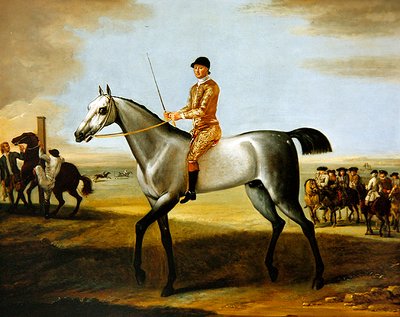 Hertugen av Rutlands berømte grå veddeløpshest Coneyskins med jockey oppe på Newmarket Heath (olje på lerret) av John Wootton