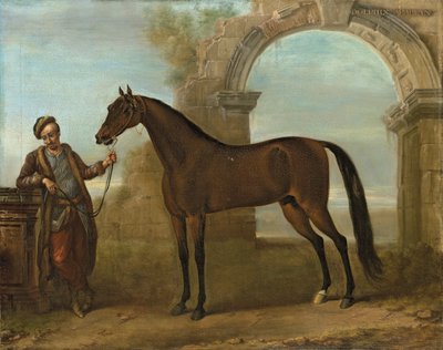 Godolphin Arabien, holdt av en brudgom, i et landskap med en ødelagt bue, 1731 av John Wootton