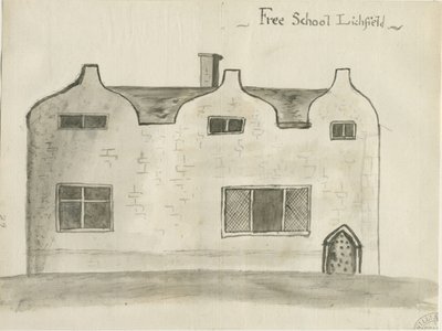 Lichfield - Grammar School: sepia wash drawing, nd [1784] (tegning) av John Wright