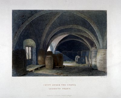 Krypt fylt med fat under kapellet ved Lambeth Palace, London, 1851. av John Wykeham Archer