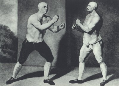 Tidlige britiske barefist-boksere, John Broughton (til venstre) og George Stevenson kjemper i 1741: Broughton oppfant boksehanske (mezzotint) av John Young