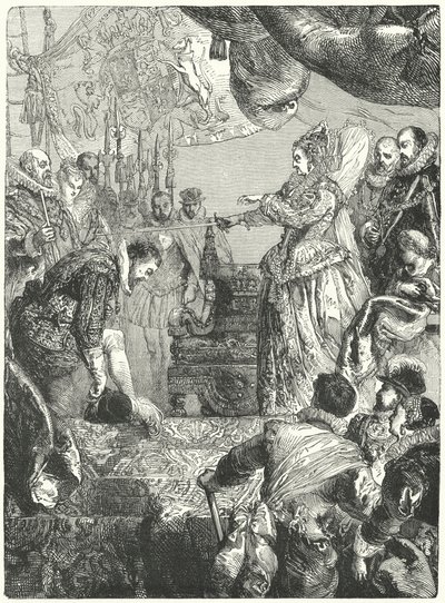 Sir Francis Drake mottok sitt ridderskap fra dronning Elizabeth I, 1581 av John after Gilbert