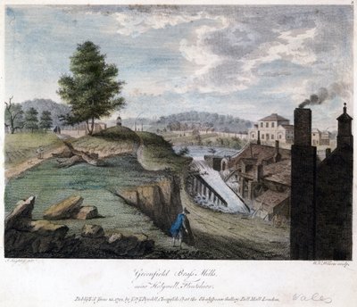 Greenfield Brass Mills, nær Holywell, Flintshire, gravert av W.C. Wilson, ca. 1792 av John after Ingleby