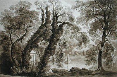 Utsikt over tempelfontenen fra motsatt side, Sezincote, gravert av Frederick Christian Lewis Snr. (1779-1856), ca. 1817-18 (sepiaakvatint) (se også 171661) av John after Martin