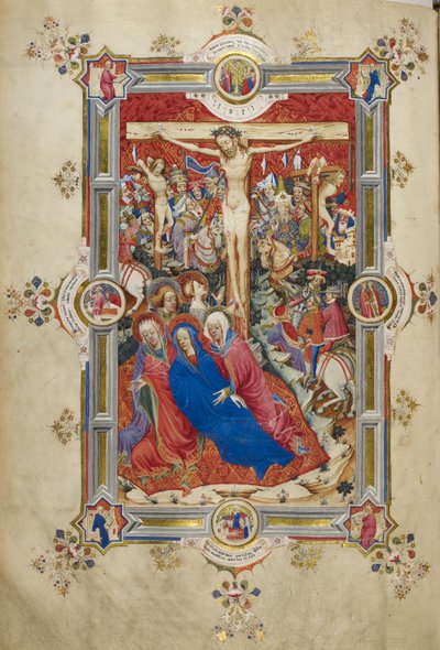 Korsfestelsen, introduserer messekanonen Kristus på korset, flankert av tyver, besvimende jomfru støttet av kvinner og St. Johannes, Magdalena ved foten av korset. Mengde av monterte tilskuere i moderne kjole, inkludert Longinus, med engler over av John and Siferwas John (fl. 1380–1421 Whas