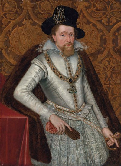 Portrett av kong James I av England og VI av Skottland (1566–1625), trekvartlang, iført en hvit doublett med blondekrage, juvelbesatte strømper og en pelskappe, iført den store Georg, en svart hatt med juvel, og holder et par hansker i høyre hånd. av John de (attr.to) Critz