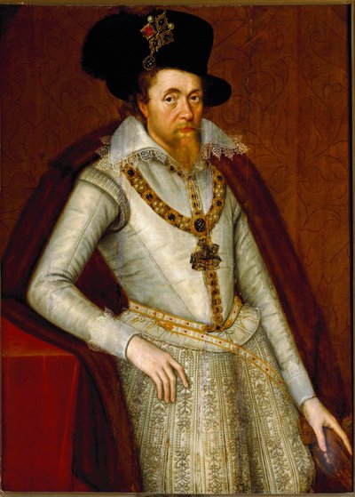 Portrett av James I av England og VI av Skottland, Knights of the Order of the Garter, ca. 1610 (maleri) av John de Critz
