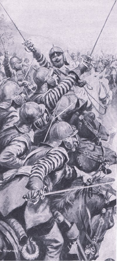 Kavaleriengasjement i slaget ved Edgehill, 23. oktober 1642, illustrasjon fra britiske slag på land og hav, 1915 av John de Walton