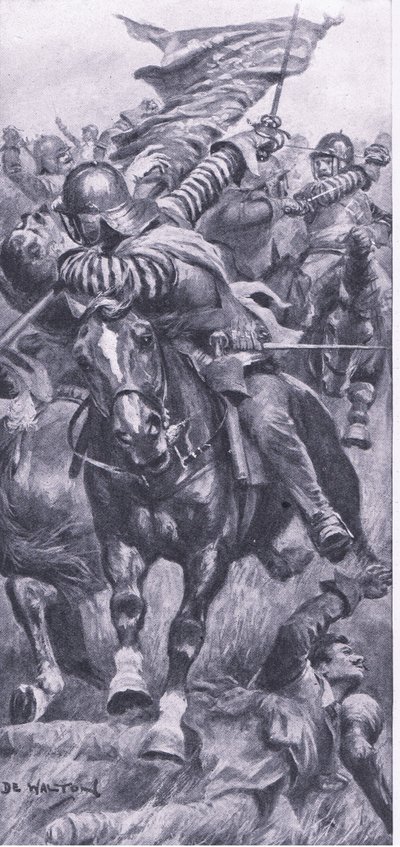 Løytnant John Smith tar tilbake kongens standard ved Edgehill, 23. oktober 1642, illustrasjon fra British Battles on Land and Sea, 1915 av John de Walton