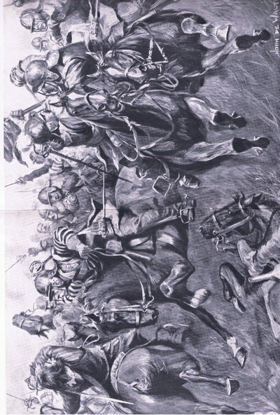 Marston Moor, 2. juli 1644: Det skotske kavaleriet under Leslie, angriper prins Ruperts flanke, illustrasjon fra British Battles on Land and Sea, 1915 av John de Walton