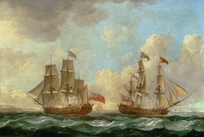 Peregrine i to posisjoner utenfor kysten, 1766 av John the Elder Cleveley