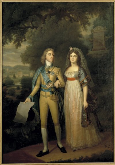Gustave IV Adolphe de Suede - Portrett av Gustav IV Adolf av Sverige (1778-1837) og Frederica Dorothea Wilhelmina av Baden (1781-1826), dronning av Sverige, av Forsslund, Jonas (1754-1809). Olje på lerret, ca. 1797-1800. Mål: 273x195 cm. Nasjonalmuseet St av Jonas Forsslund