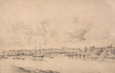 Southampton og Northam fra elven Itchen (grafitt på medium, lett teksturert, blånet hvitt vevd papir lagt til medium, moderat strukturert, beige vevet papir) av Jonathan Fisher