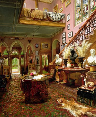 Hallen og trappen til et landsted, 1888 av Jonathan Pratt