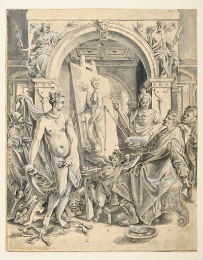 Apelles maleri Campaspe (penn og brunt blekk, grå vask, hvit kroppsfarge på lagt papir) av Joos or Jodocus van (after) Winghe