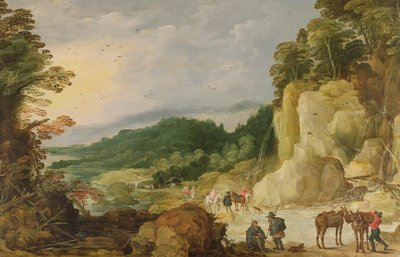 Et fjelllandskap med en foss og reisende ved en Ford av Joos or Josse de Momper