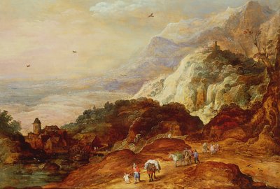 Et fjelllandskap med figurer og muldyr av Joos or Josse de Momper