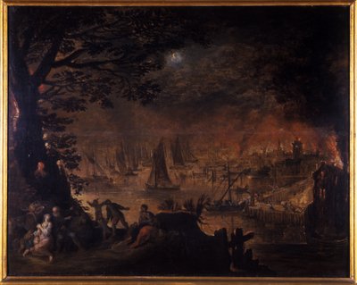 Brennende by ved sjøen av Joos or Josse de Momper