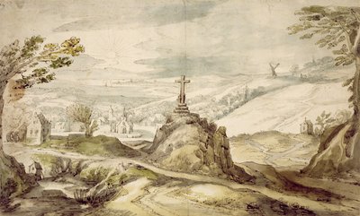 Fjelllandskap med kors (penn, vask og wc på papir) av Joos or Josse de Momper